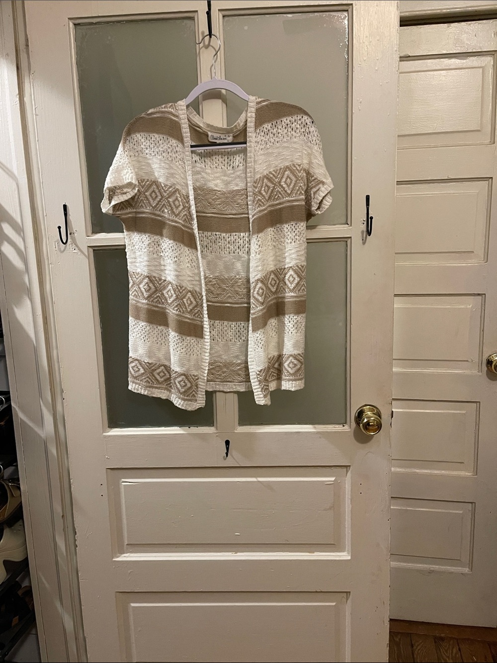 Cloud Chaser Beige and White Open Front Knit Cardigan